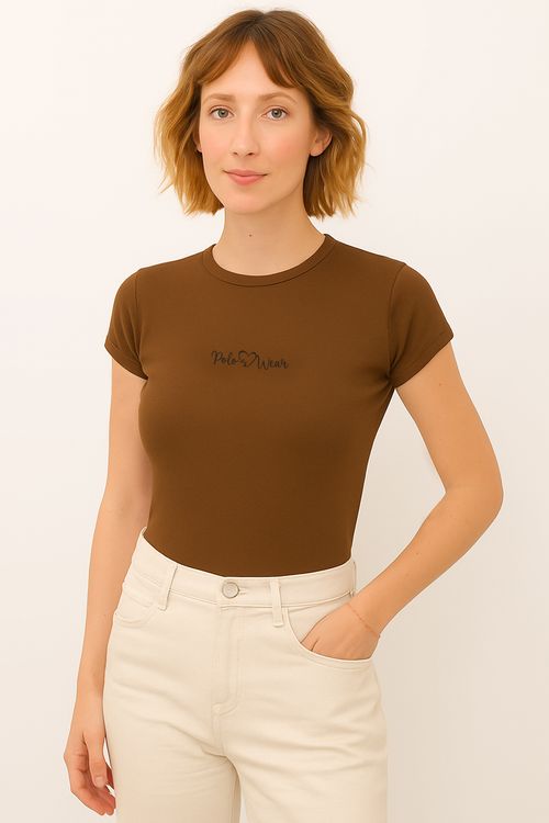 T-Shirt Feminina Manga Copinho Polo Wear Marrom Médio