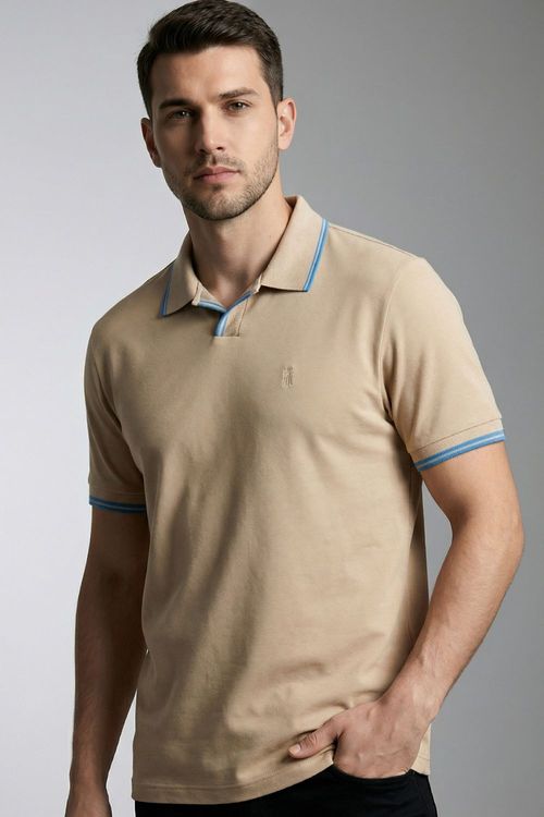 Polo Masculina Gola Com Filete Polo Wear Bege Médio