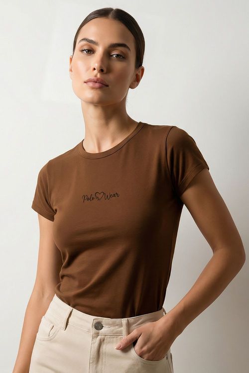 T-Shirt Feminina Manga Copinho Polo Wear Marrom Médio