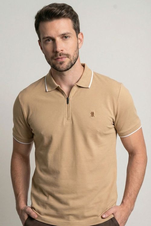 Polo Piquet Colarinho Zíper Polo Wear Bege Médio