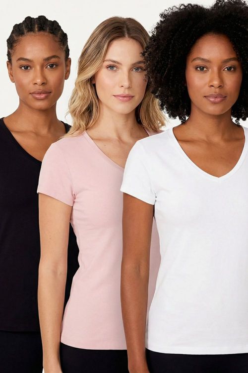 Kit 3 Camisetas Femininas Gola v Polo Wear Sortido