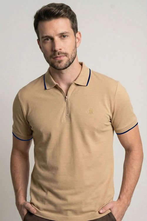 Polo Piquet Colarinho Zíper Polo Wear Bege Médio
