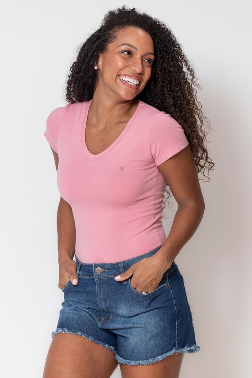 T-Shirt Básica Decote V Polo Wear Rosa Claro
