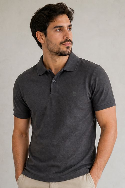 Polo Piquet Lisa Com Botão Polo Wear Cinza Escuro