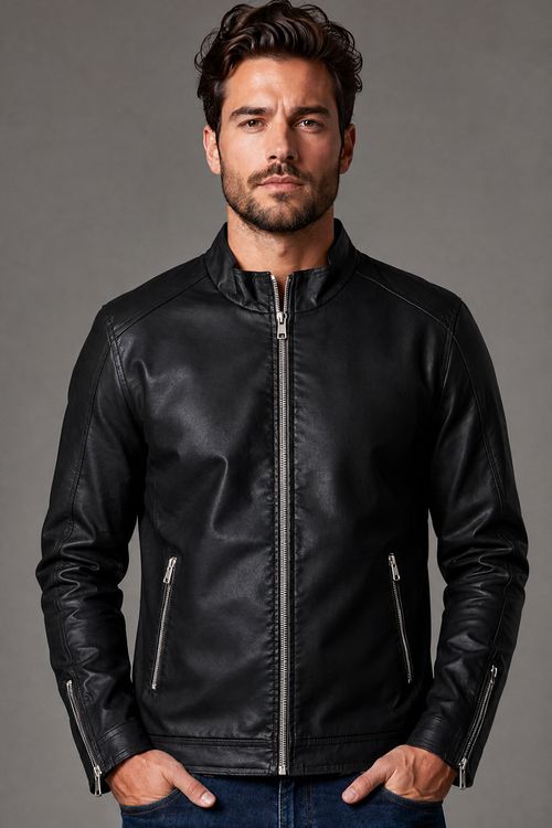 Jaqueta PU Masculina Gola Alta Polo Wear Preta