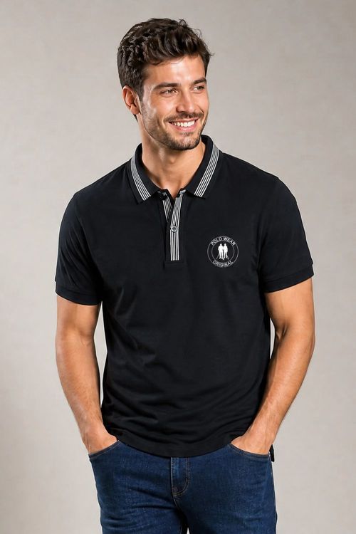 Polo Piquet Masculina Gola Friso Polo Wear Preto