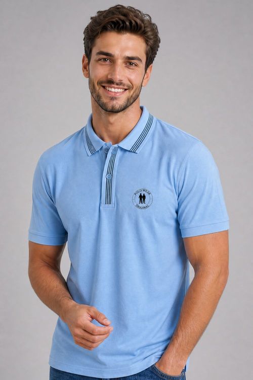 Polo Piquet Masculina Gola Friso Polo Wear Azul Claro