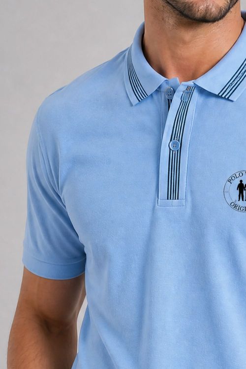 Polo Piquet Masculina Gola Friso Polo Wear Azul Claro