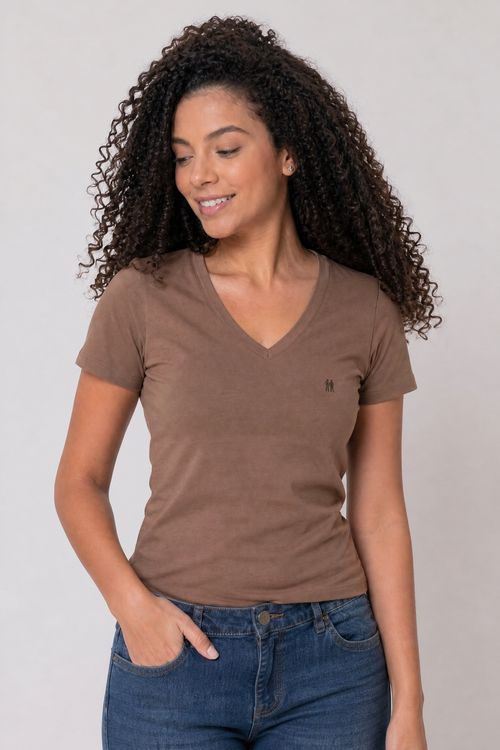 Camiseta Feminina Básica Gola V Polo Wear Marrom Médio