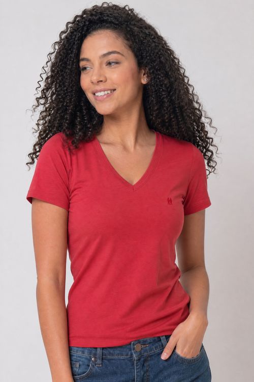 Camiseta Feminina Básica Gola V Polo Wear Vermelho Médio
