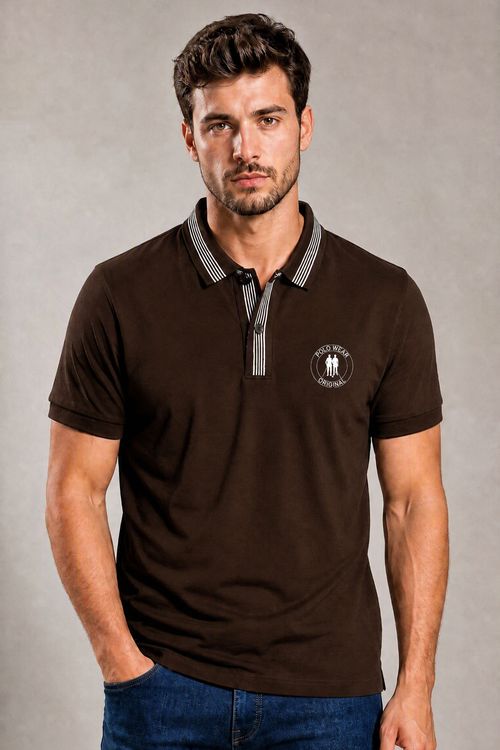 Polo Piquet Masculina Gola Friso Polo Wear Marrom