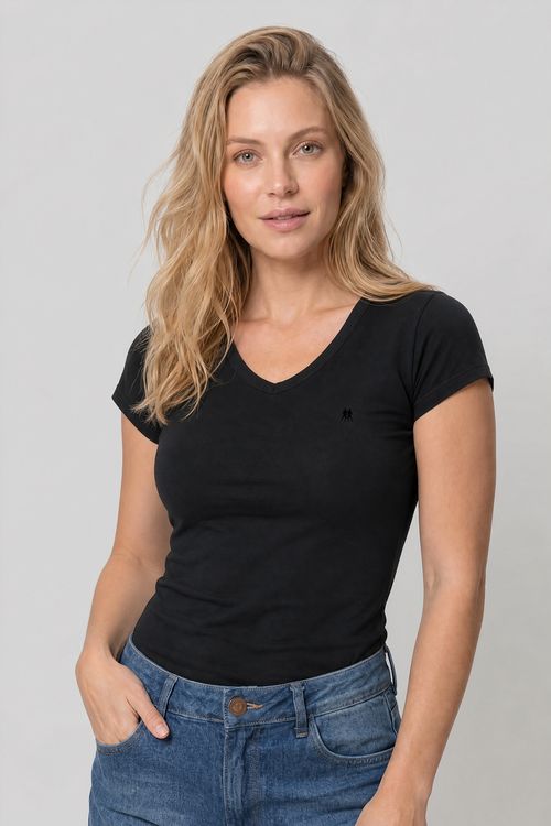 Camiseta Feminina Básica Gola V Polo Wear Preto