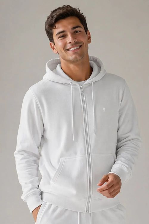 Jaqueta Moletom Masculina Com Zíper e Capuz Polo Wear Branco