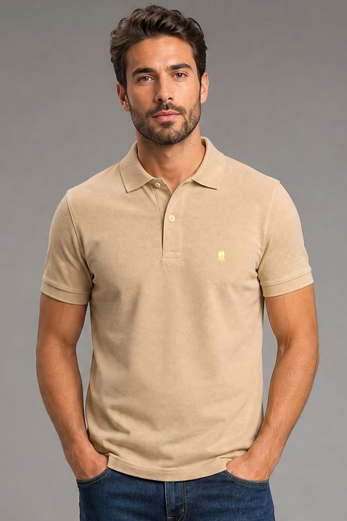 Polo Piquet Com Botão Lisa Polo Wear Bege Claro