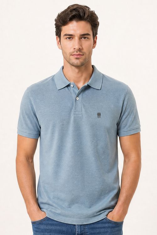 Polo Piquet Com Botão Lisa Polo Wear Azul Médio