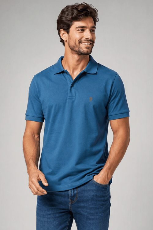 Polo Piquet Com Botão Lisa Polo Wear Azul Petróleo