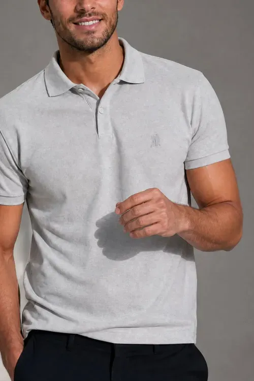 Polo Piquet Com Botão Lisa Polo Wear Cinza Claro