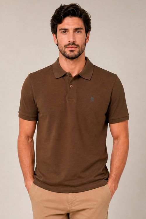 Polo Piquet Com Botão Lisa Polo Wear Marrom Escuro