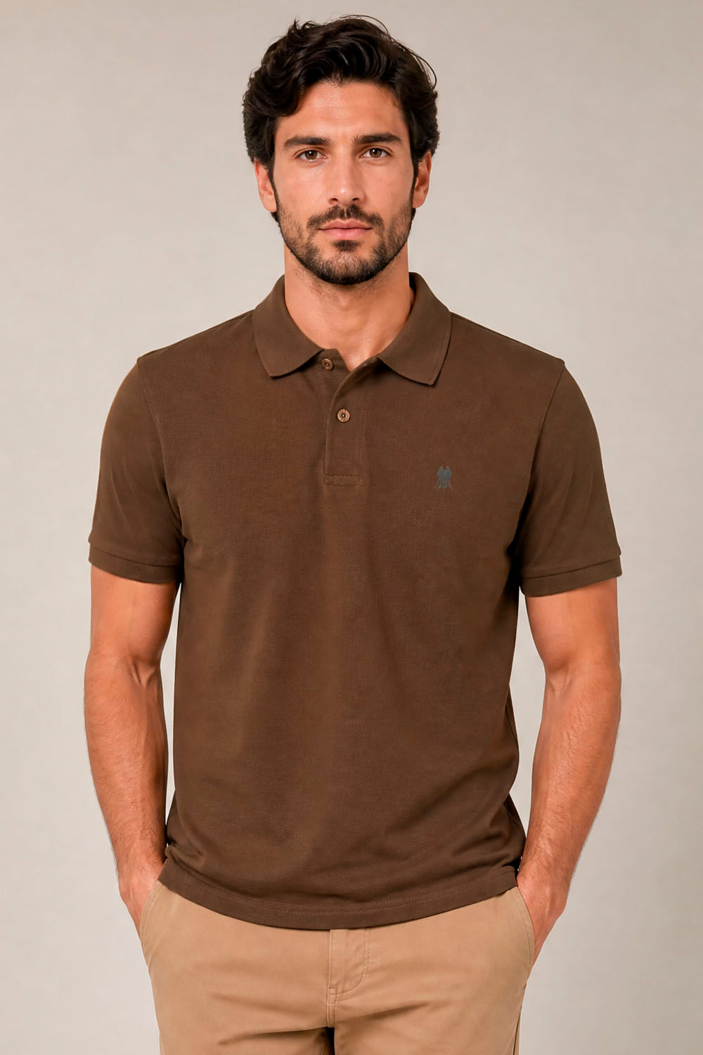 Polo Piquet Com Botão Lisa Polo Wear Marrom Escuro