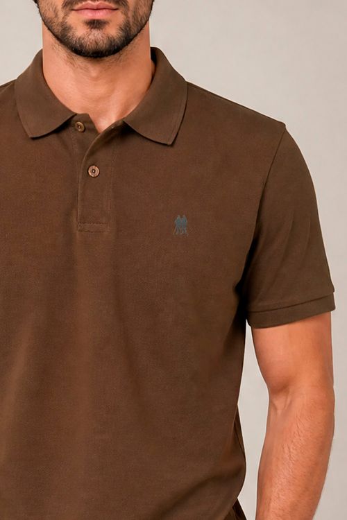 Polo Piquet Com Botão Lisa Polo Wear Marrom Escuro
