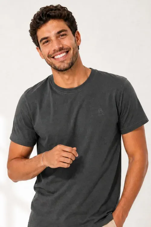 Camiseta Masculina Básica Lisa Casual Polo Wear Cinza Escuro